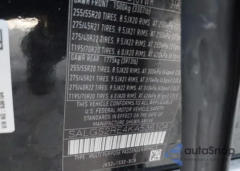 2019 Land Rover Range Rover 5.0L V8 Supercharged z USA, uszkodzony, nr VIN SALGS2RE4KA536104